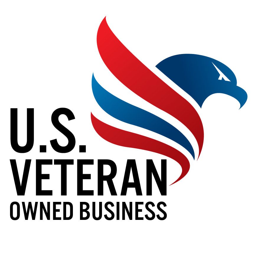 Logo of a U.S. Veteran Owned Business featuring an eagle with red and blue wings.